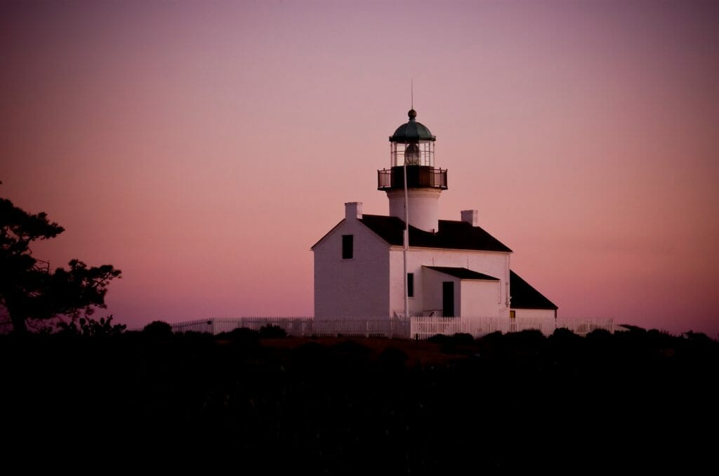 At dusk there is an eerie glow coming off of the old Point Loma lighthouse in San Diego, CA
