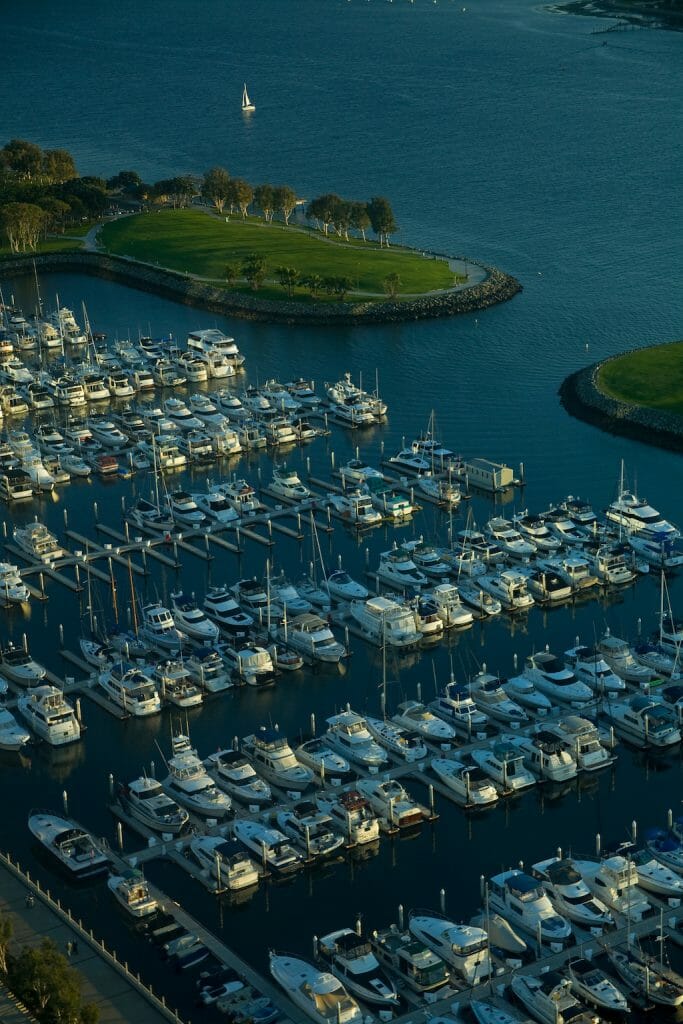 Boats neatly lined up row after row in the San Diego Marina
