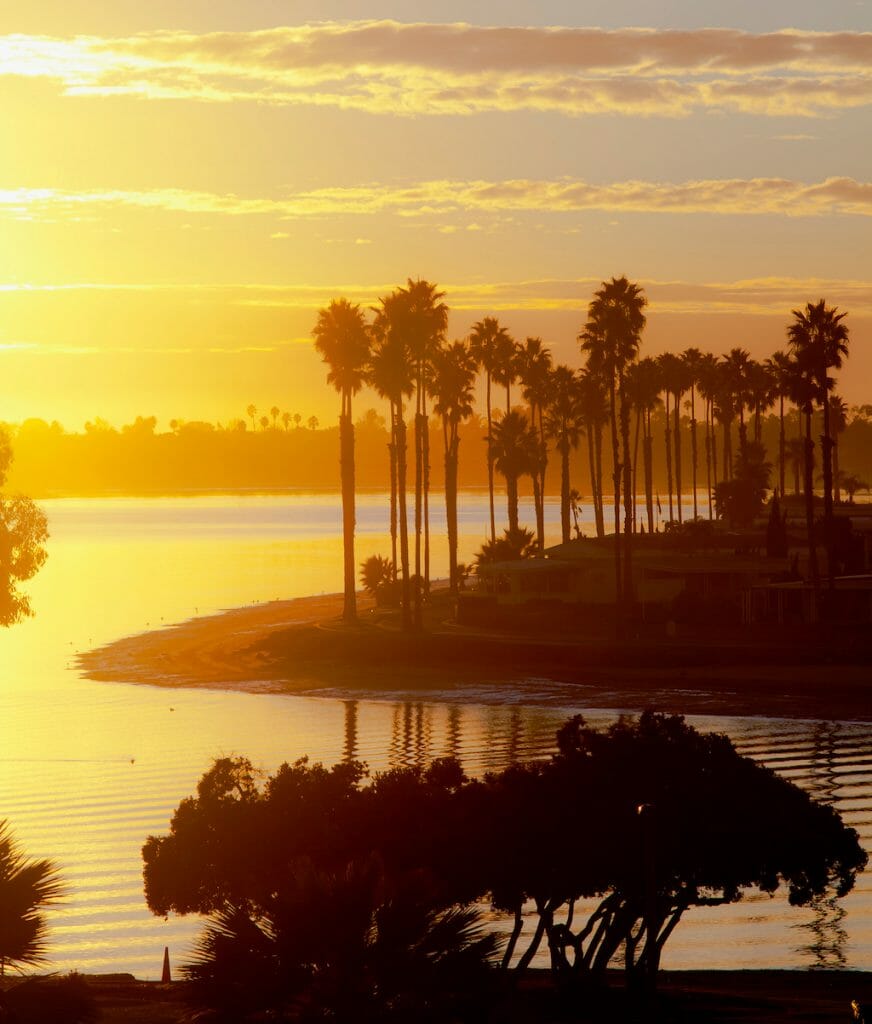 A view of palm trees around the shores of Mission Bay at sunset in San Diego, Southern California.