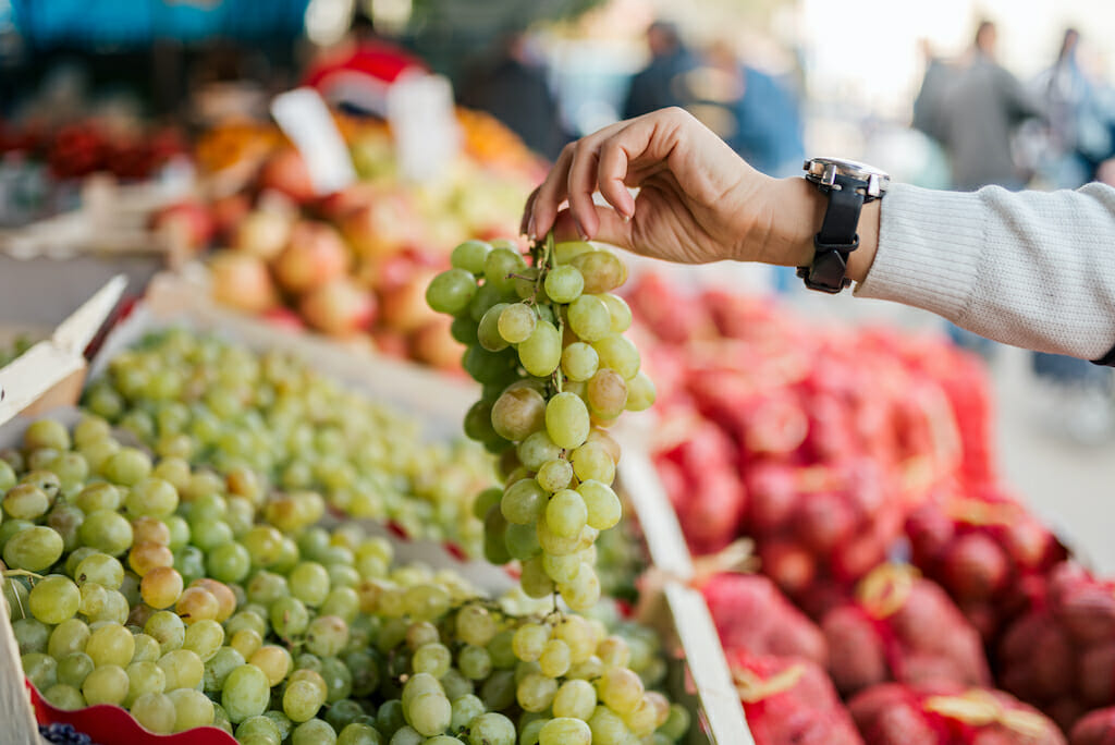 Close-up image of female hand holding grapes at farmers market.
