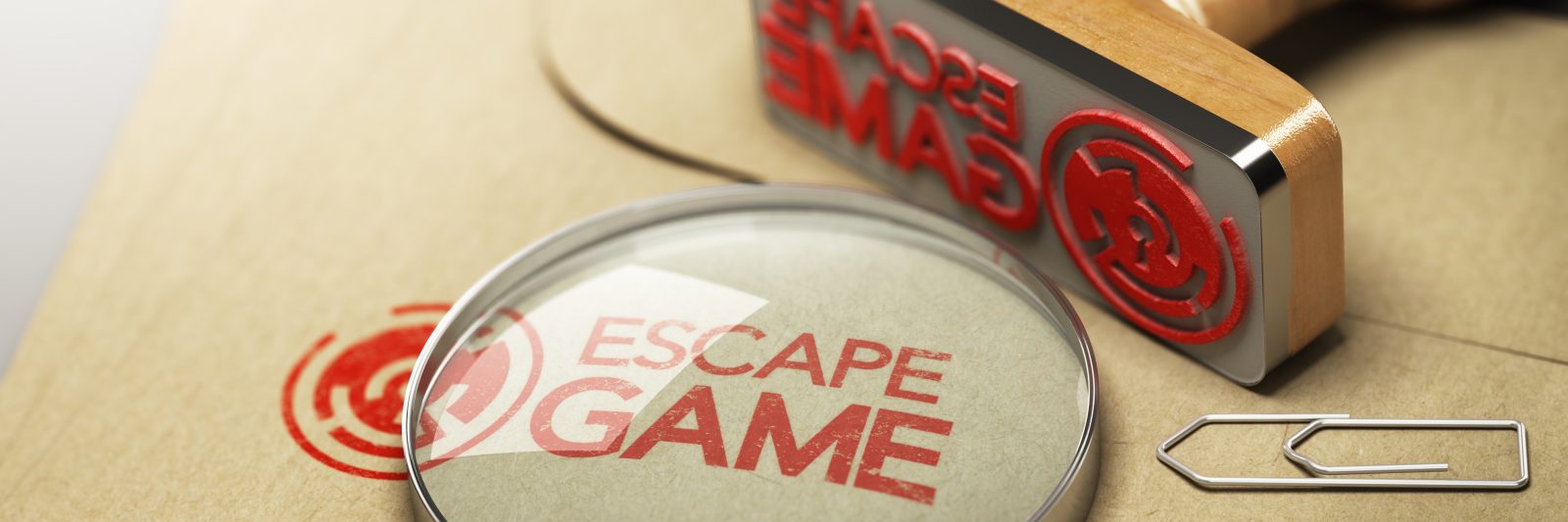 stamp with red inc reading:"Escape Game" and spy glass on manila envelope - Escape Room San Diego Valentines Day