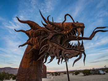 Head of rusty metal Dragon sculpture in Borrego Springs