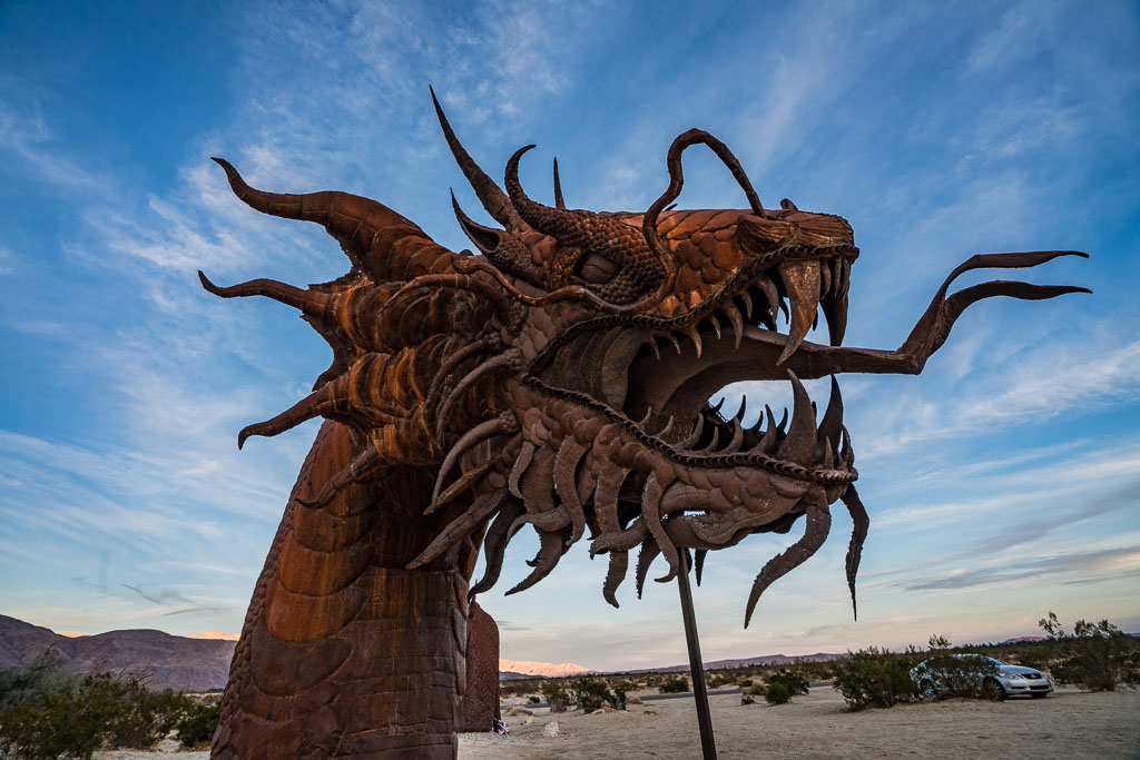 Head of rusty metal Dragon sculpture in Borrego Springs