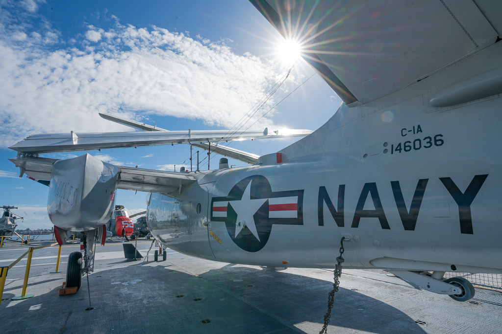 historic navy propeller plane on the flight deck of the USS Midway San Diego