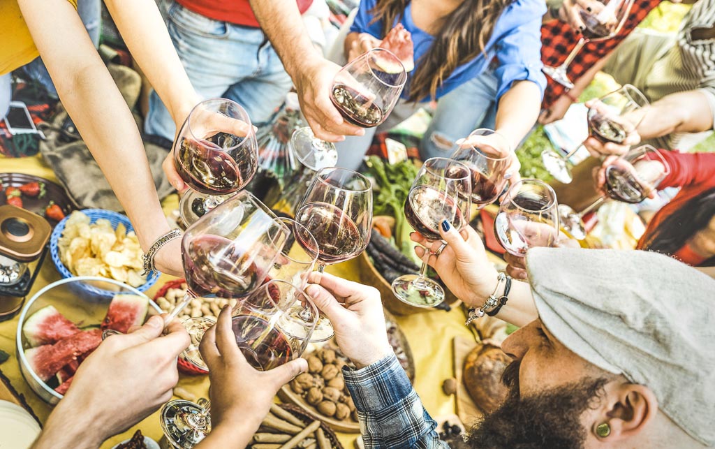 Top view of friend hands toasting red wine glass and having fun outdoor cheering at picnic winetasting - Young people enjoying summer time together at lunch bbq garden party - Youth friendship concept