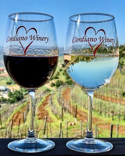 A glass of red and white wine with the Cordiano Logo in front of a sloping hill with vines