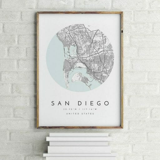 Framed wall art with San Diego Map propped up on books against a wall