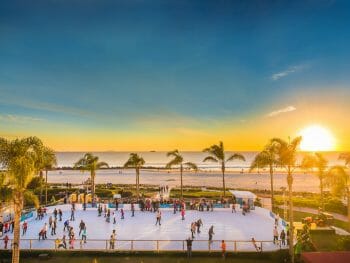 ice rink on the beach in Coronado with palm trees at sunset