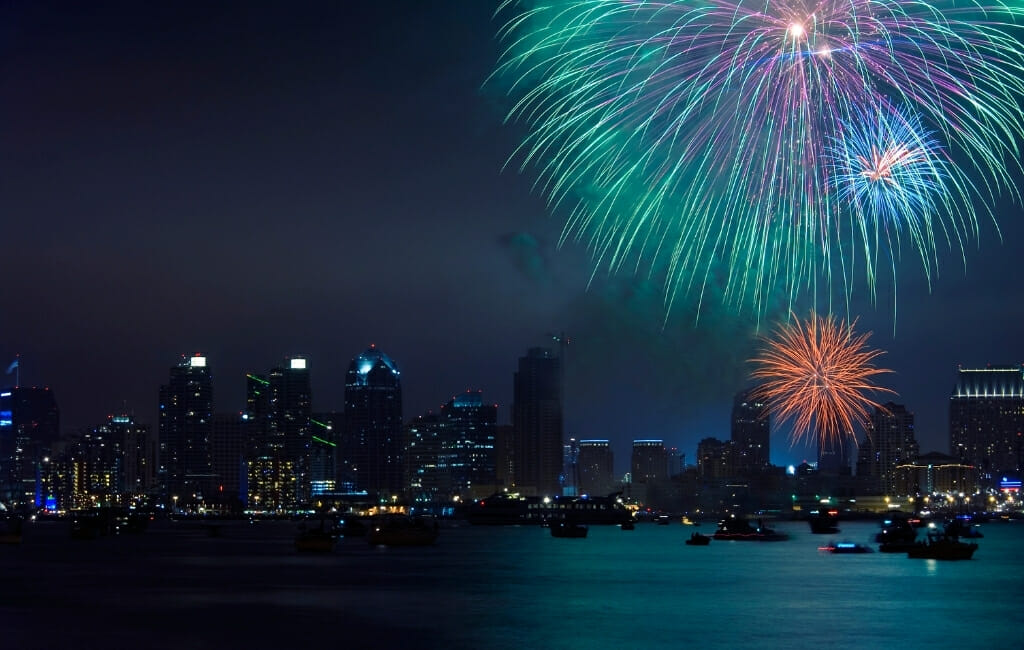 firworks over San Diego Skyline - New Years Eve San Diego