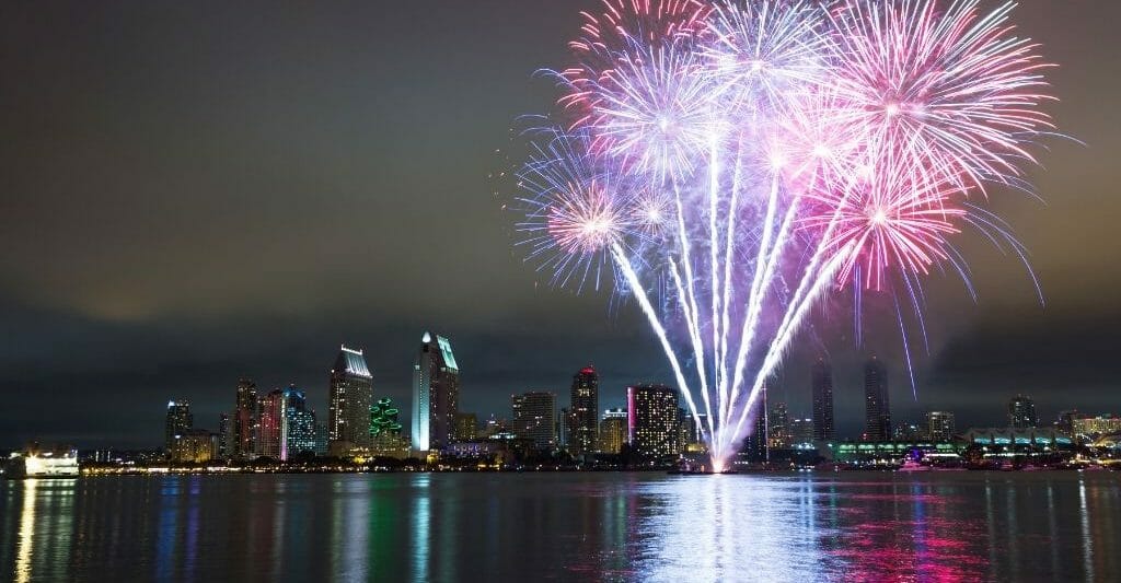 Pink New Years Eve Fireworks San Diego Skyline and San Diego Bay