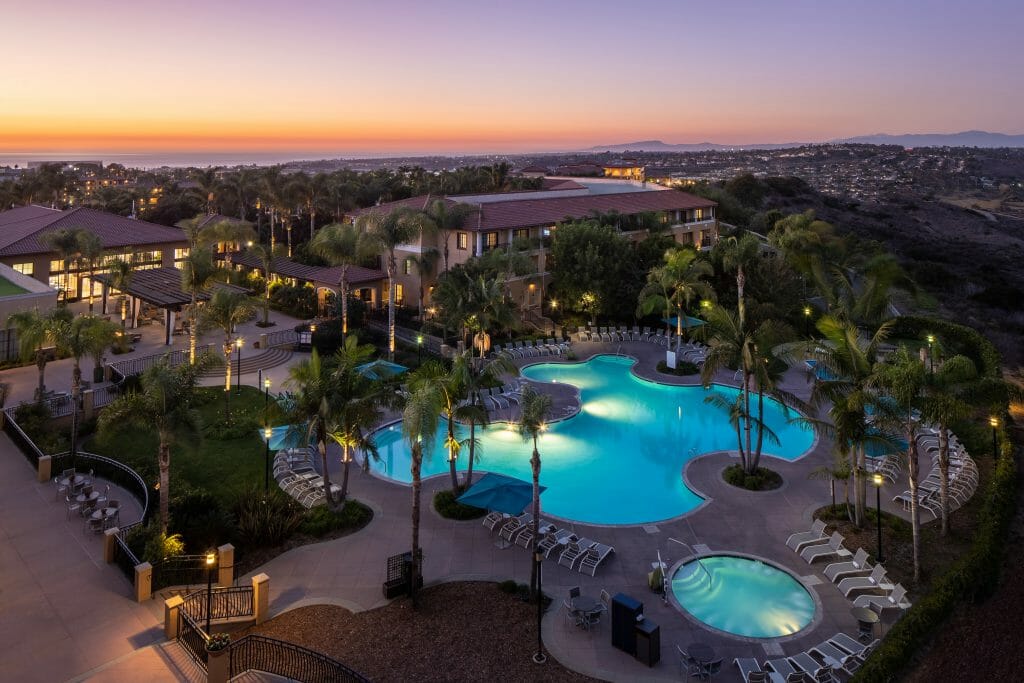 Sunset over the pool and property of The Westin Carlsbad Resort & Spa