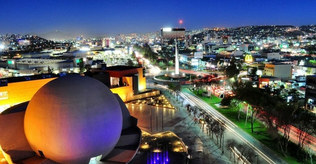 Aerial view of the round theatre of the CECUT cultural center in Tijuana during night