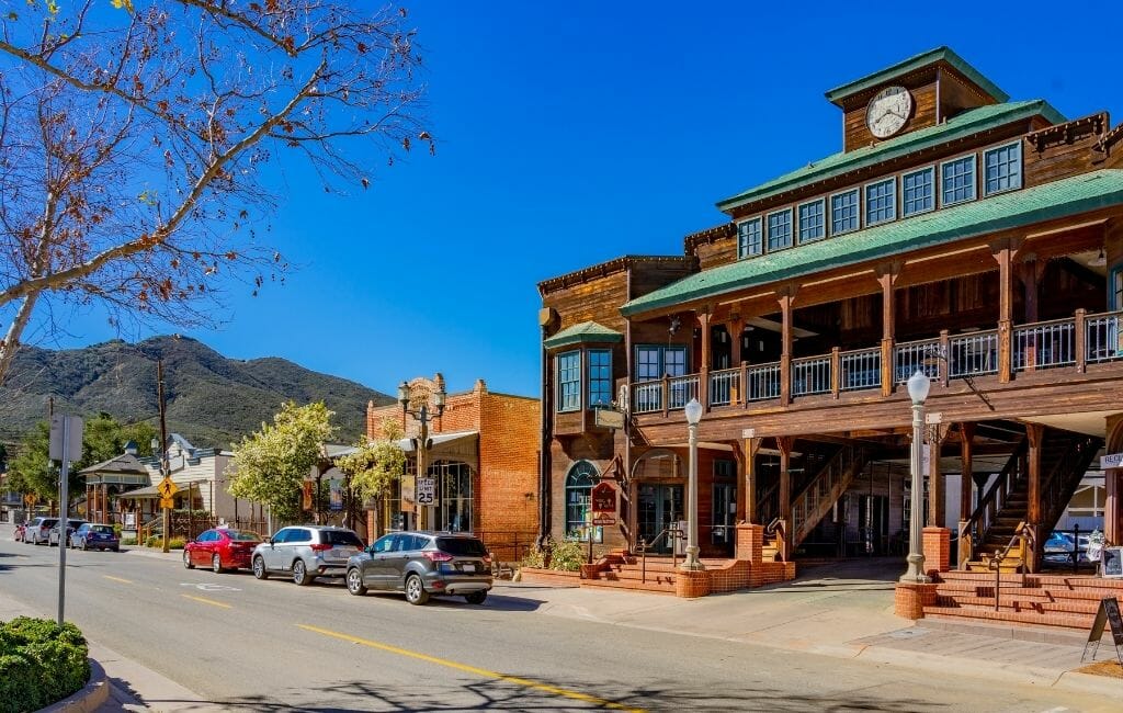 Main street in Old Town Temecula with historic wood buildings