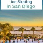 ice rink on the beach in Coronado with palm trees at sunset - Are you looking for the best places to Ice Skate in San Diego? Here is a list of all San Diego ice rinks incl year-round & seasonal ice rinks