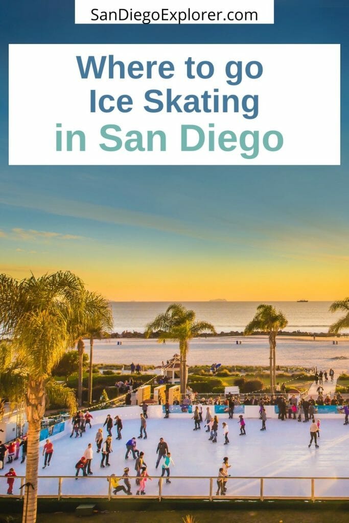 ice rink on the beach in Coronado with palm trees at sunset - Are you looking for the best places to Ice Skate in San Diego? Here is a list of all San Diego ice rinks incl year-round & seasonal ice rinks
