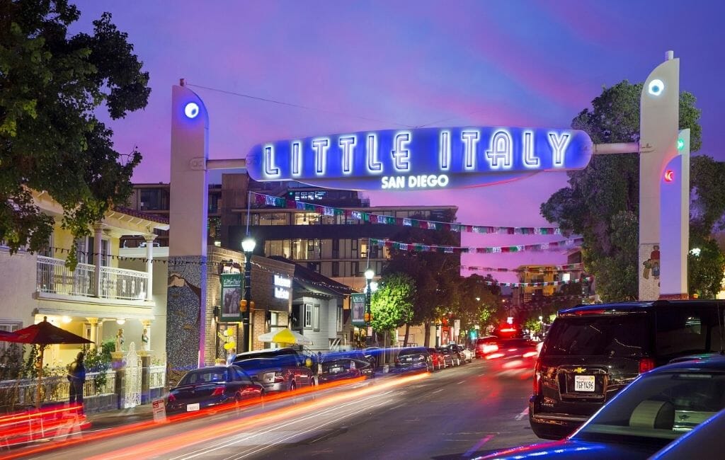 Street in Little Italy San Diego with Neon Sign saying "Little Italy"
