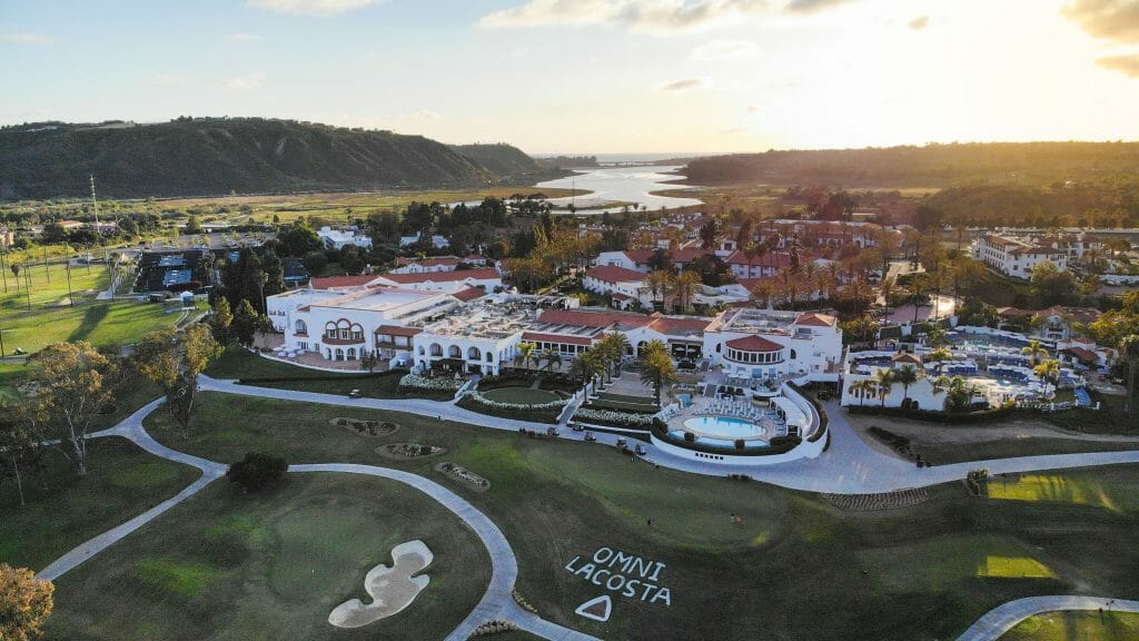 Aerial View of Omni La Costa Carlsbad with Lagoon during sunset