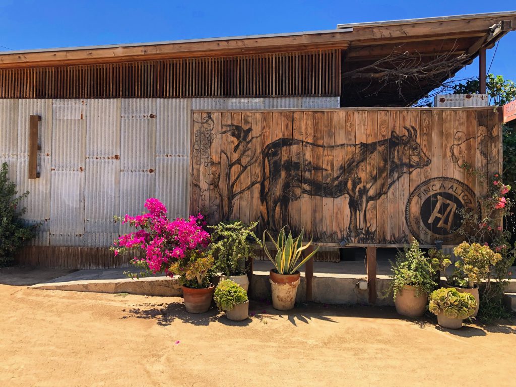 concrete and wood building with a steer mural on the wood