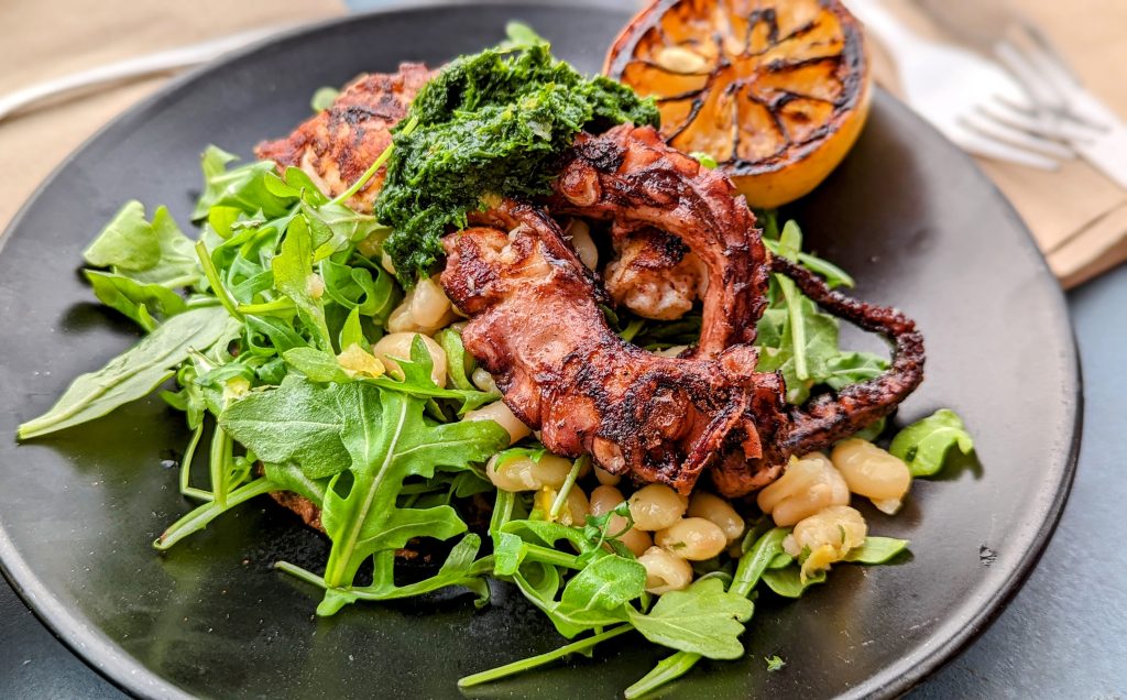 grilled octopus with arugula and white beans