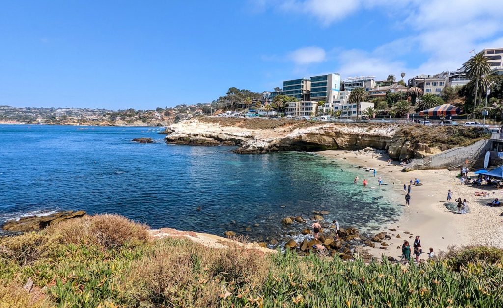 Sandy cove surrounded by rocky shoreline on calm ocean water, large buildings and palm trees overlook the beach. La Jolla Cove, San Diego tide pools. Best tide pools in San Diego.