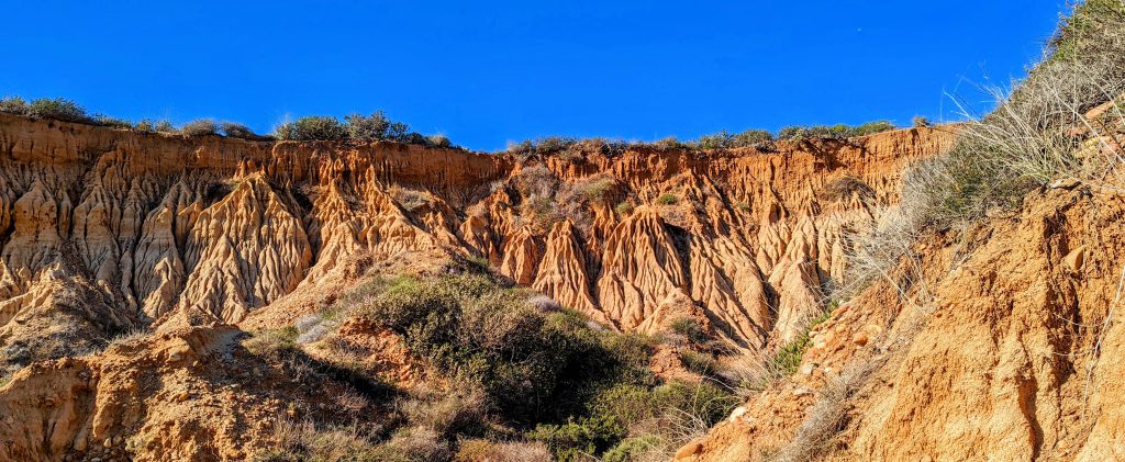 orange sandstone cliffs at Torrey Pines Beach Trail with dark blue sky