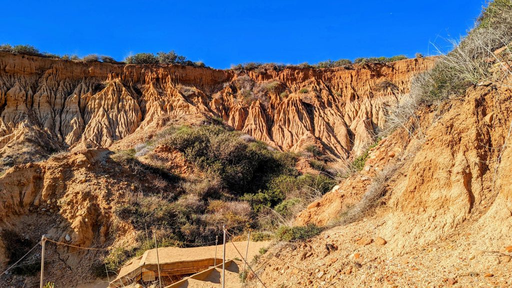 orange sandstone cliffs at Torrey Pines Beach Trail with dark blue sky and the trail in the foreground