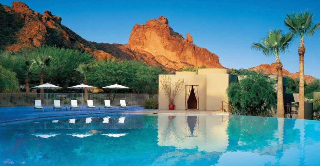 Pool with camelback mountain in the background at Sanctuary on Camelback Mountain Resort & Spa