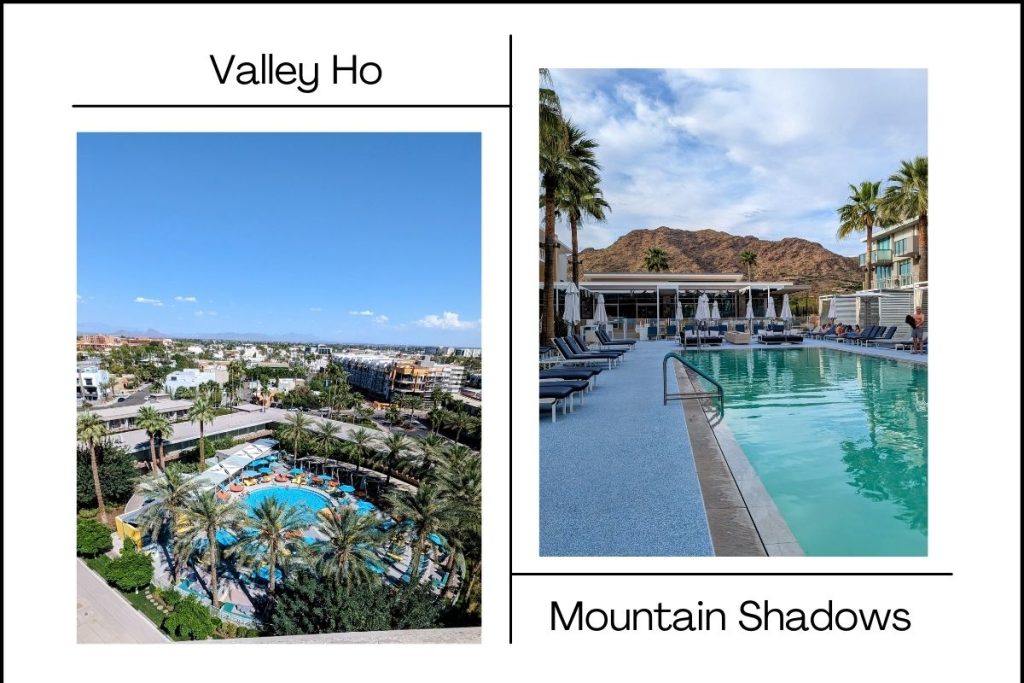 collage of 2 photos showing the pools of Valley Ho Hotel and Mountain Shadow Resort