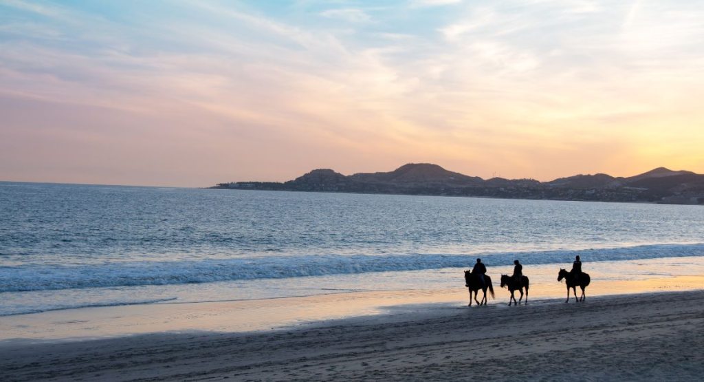 Silhouette of three people riding horses along sandy shore of Pacific Ocean with desert mountains and sunset in background. Beach horseback riding, things to do in Los Cabos.