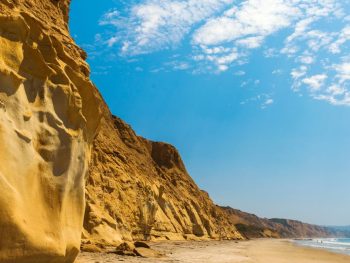 Sandy sea cliffs along white sand beach with Pacific Ocean waves breaking on shore on sunny summer day. Torrey Pines State Reserve, San Diego Blacks Beach, San Diego Nude Beach.
