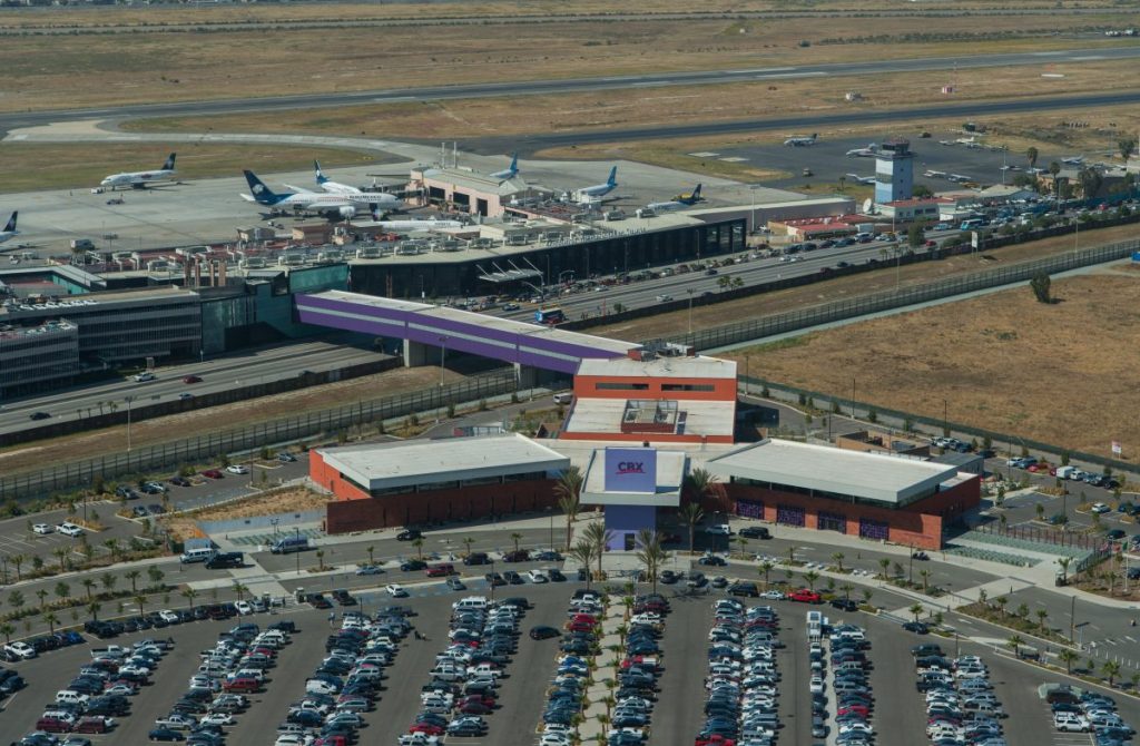 Aerial view of Cross Border Xpress CBX, the US-Mexican Border and the Tijuana airport