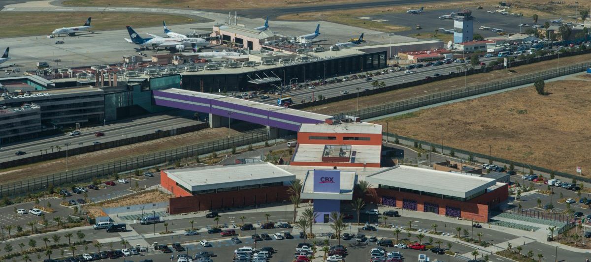 Aerial view of Cross Border Xpress CBX, the US-Mexican Border and the Tijuana airport