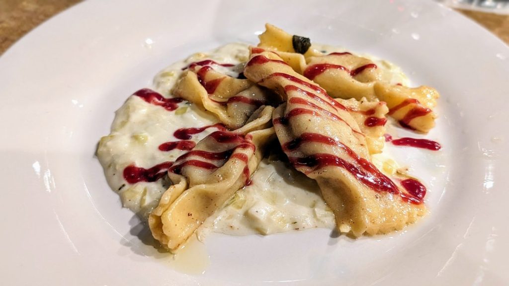 Ravioli tasting menu at Ciccia Osteria - ravioli stuffed with rabbit over leek sauce