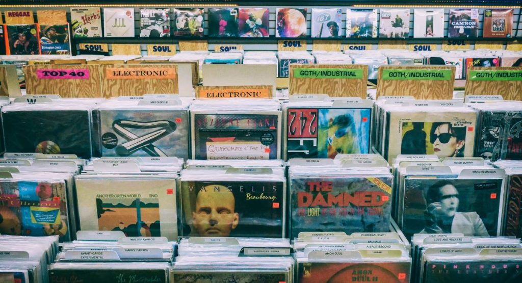 Vinyl covers organized by genres in record store.