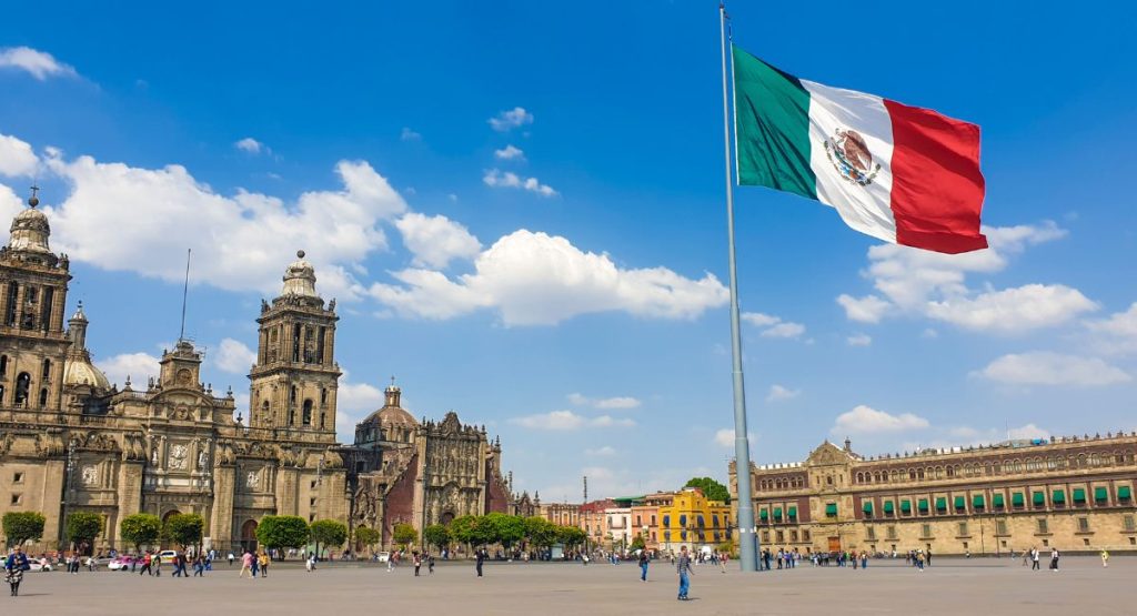 Mexico City Main Square called Zocalo with Basilica and Mexican Flag