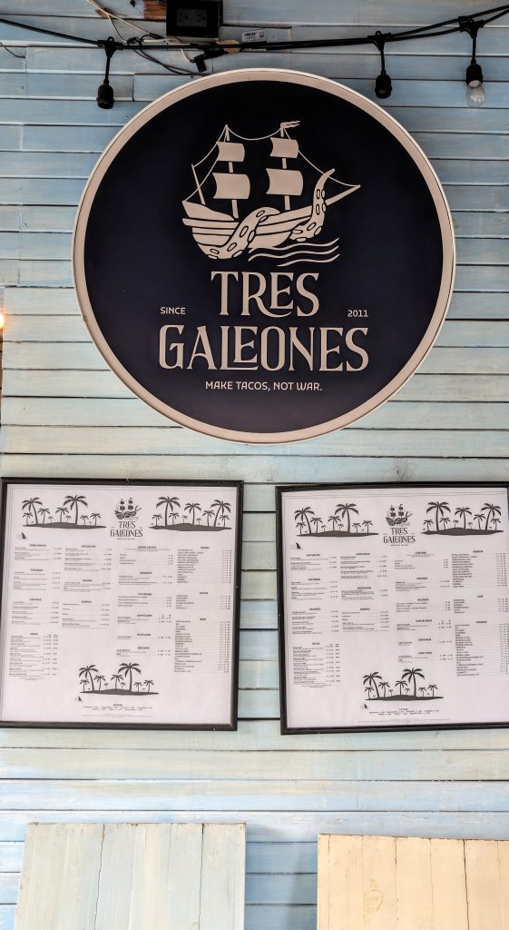logo and menu of tres galeones taco shop in colonia roma CDMX